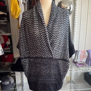 Elegant Chevron Pattern Wrap Poncho Sweater in Navy and Grey